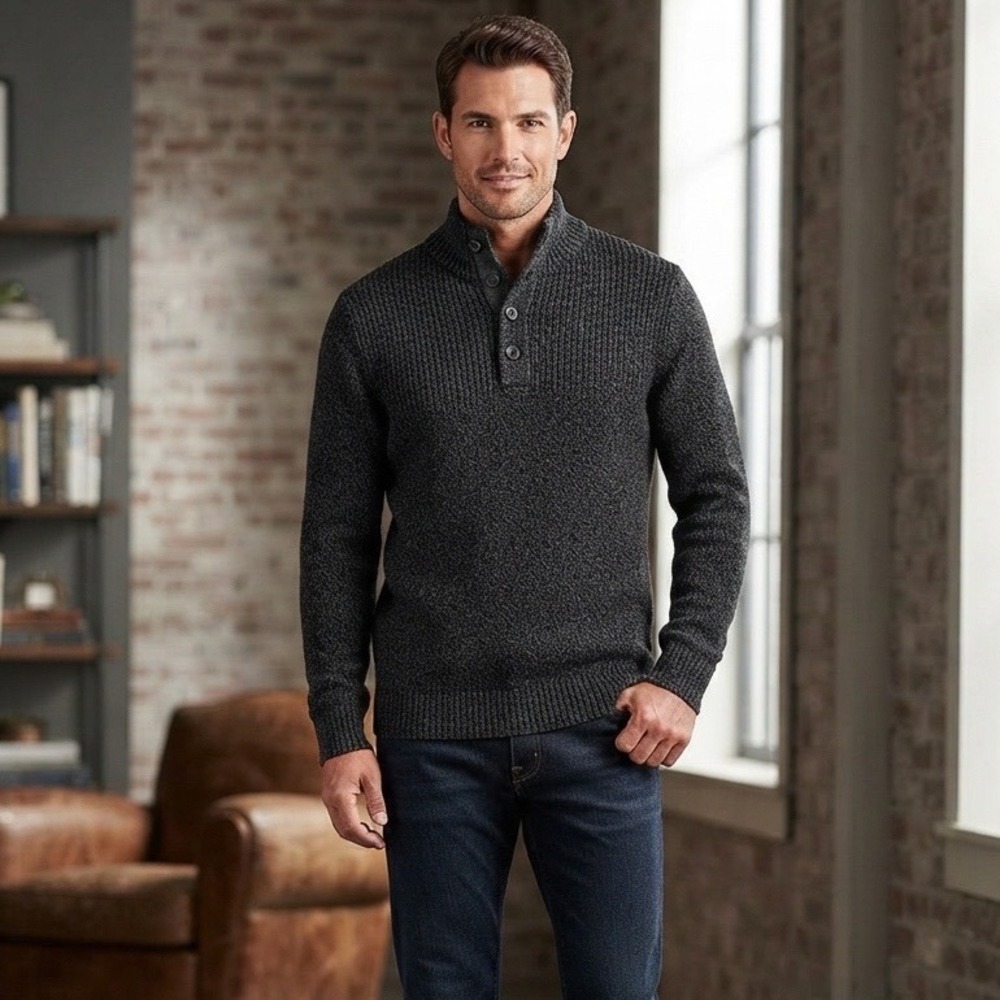 Nautica Men's sweater black and gray size M button up collar with chunky button